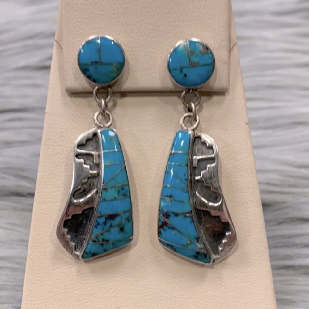 Navajo Designed Sterling Silver and Turquoise Earrings